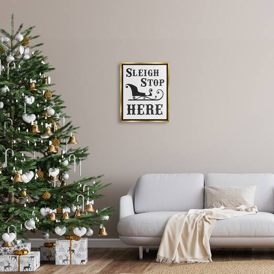 Stupell Industries Sleigh Stop Here Holiday Sled Framed Floater Canvas Wall Art